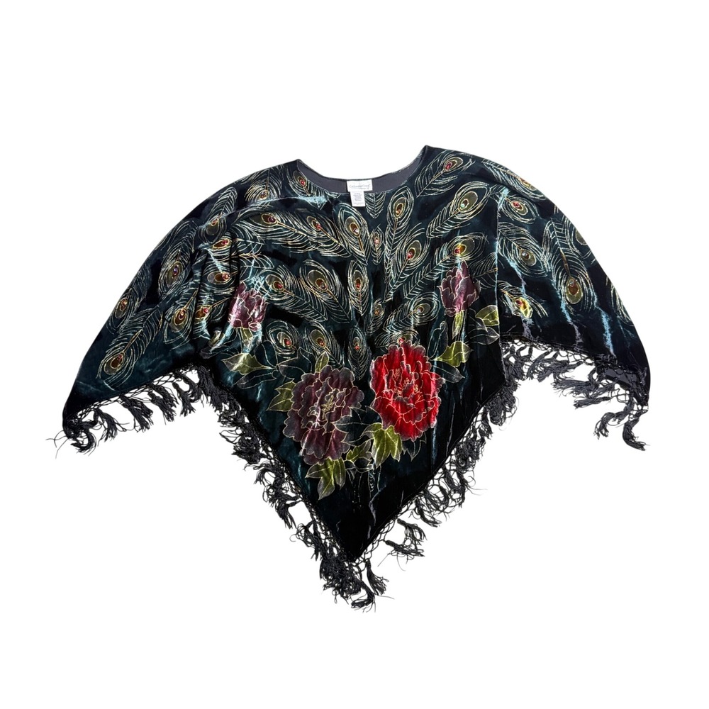 Coldwater Creek Velvet Peacock Floral Fringe Shawl Wrap